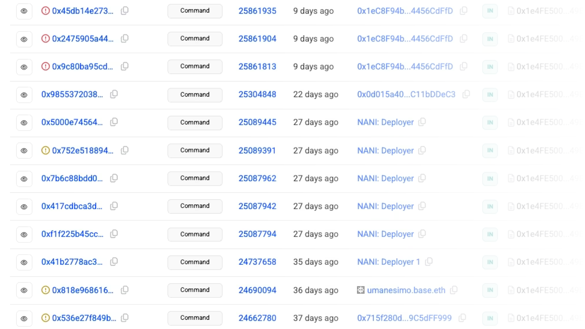 Basescan interface showing transactions to the Nani Deployer contract